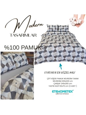 ETEHOMETEX %100 Pamuk Nevresim Takımı ÇİFT KİŞİLİK GEOMETRİK MAVİ 8696474232113